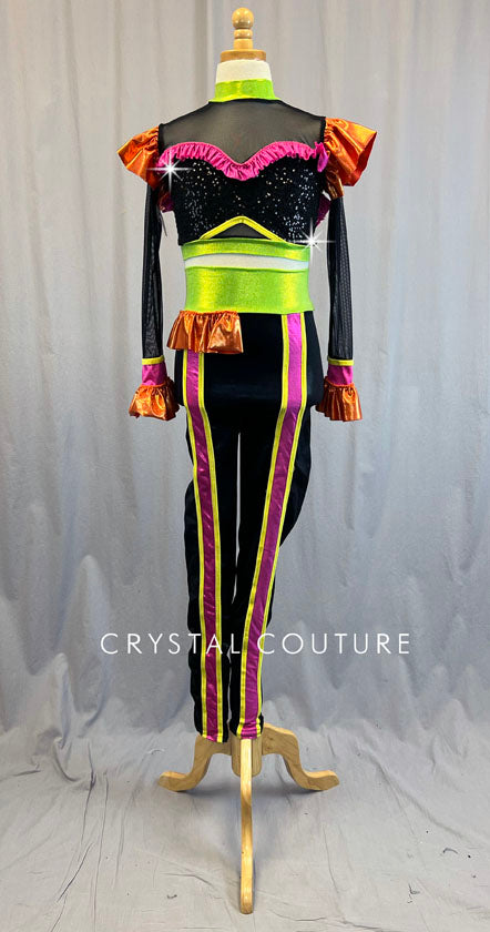 Black Long Sleeve Top & Leggings with Neon Ruffles & Edging