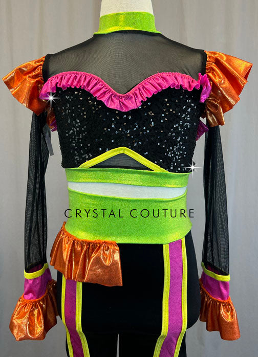 Black Long Sleeve Top and Leggings with Neon Ruffles and Edging