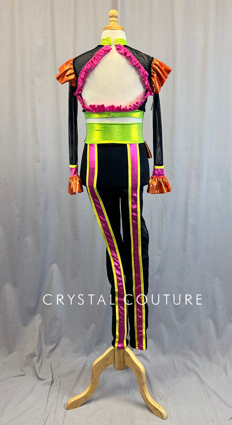 Black Long Sleeve Top & Leggings with Neon Ruffles & Edging