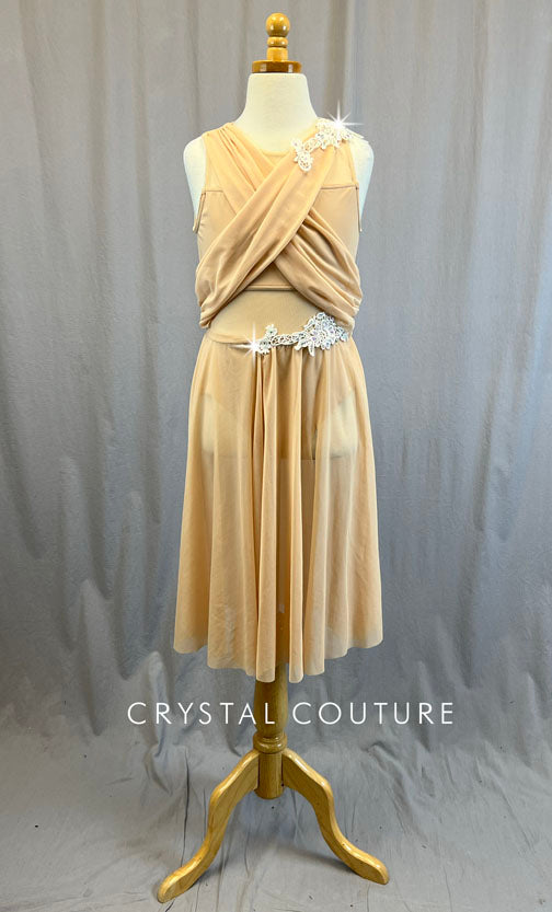 Nude Mesh Drape Front Leotard with Appliques and Skirt - Rhinestones Crystal Couture Nude Mesh Drape Front Leotard with Appliques and Skirt - Rhinestones Crystal Couture