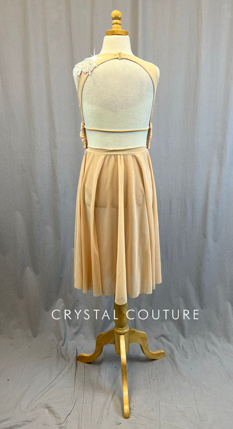 Nude Mesh Drape Front Leotard with Appliques and Skirt - Rhinestones