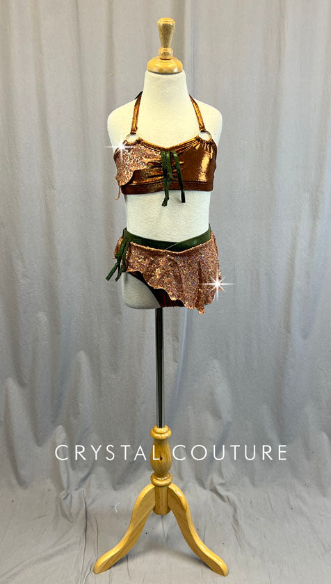 Custom Copper & Olive Green Two Piece with Asymmetrical Zsa Zsa Mini Skirt