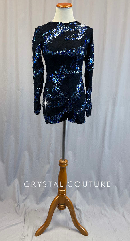 Black Lace Biketard with Blue Sequin Detailing