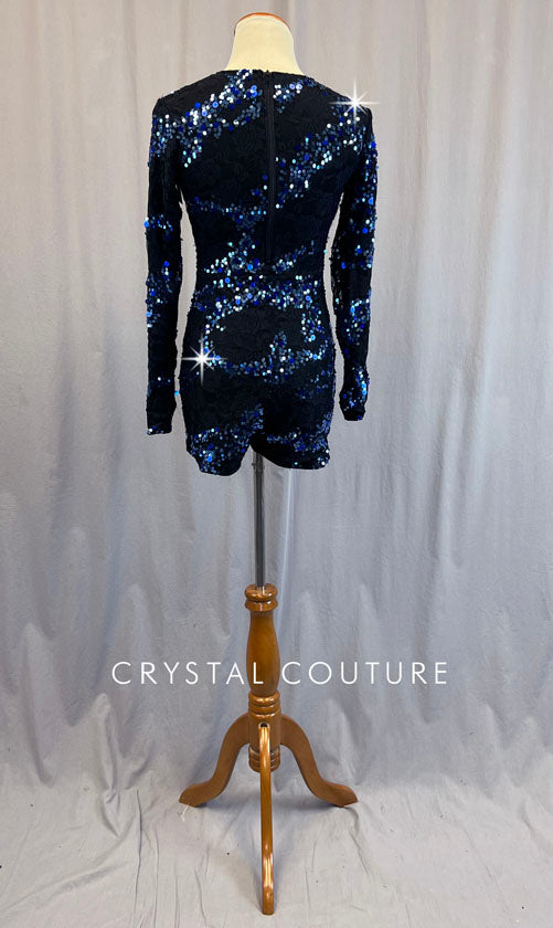 Black Lace Biketard with Blue Sequin Detailing