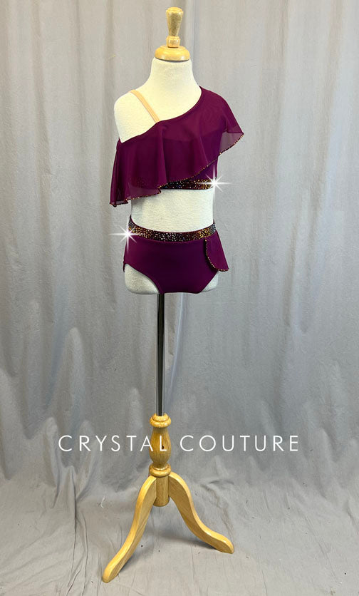 Custom Magenta Asymmetrical Two Piece with Wide Ruffles - Rhinestones