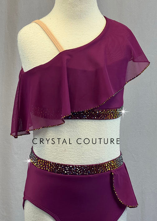 Custom Magenta Asymmetrical Two Piece with Wide Ruffles - Rhinestones