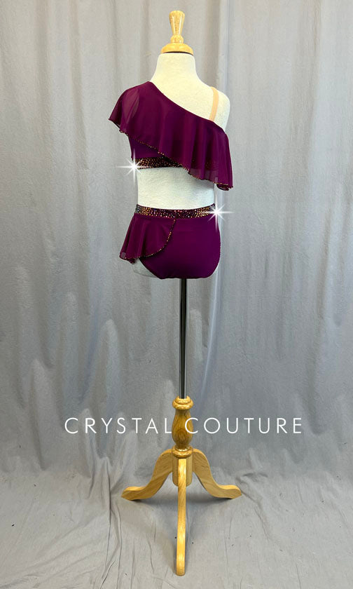 Custom Magenta Asymmetrical Two Piece with Wide Ruffles - Rhinestones