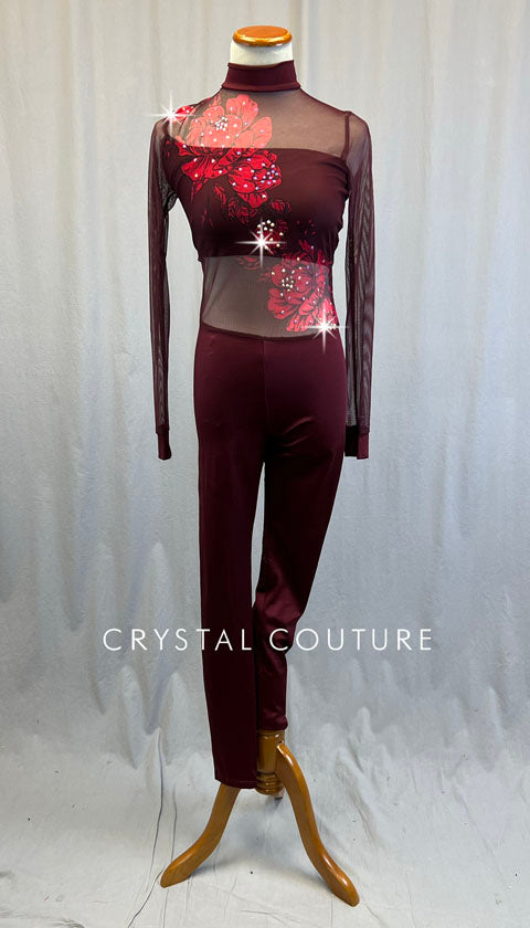 Maroon Unitard with Floral Print Mesh - Rhinestones
