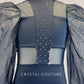 Black Mock Neck Leotard with Mesh Cutouts and Long Puffed Sleeves - Rhinestones