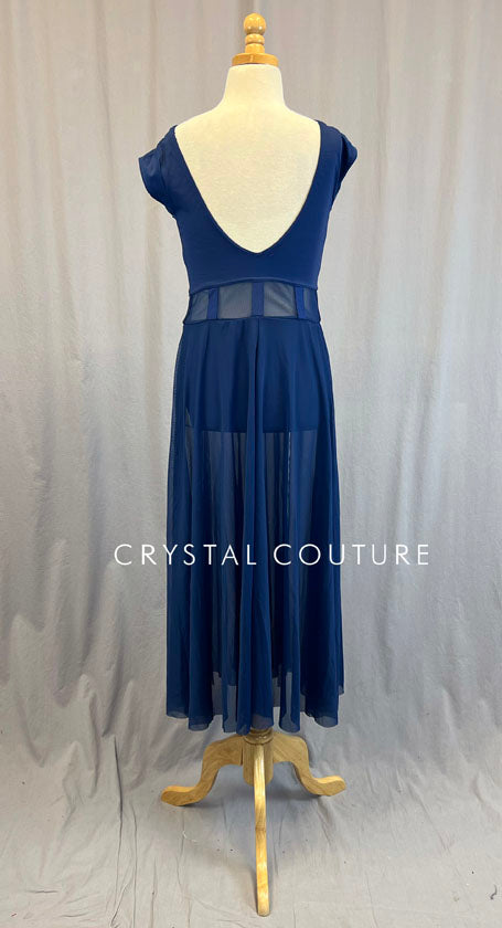 Long Navy Cap Sleeve Dress with Mesh Insets and Princess Seams
