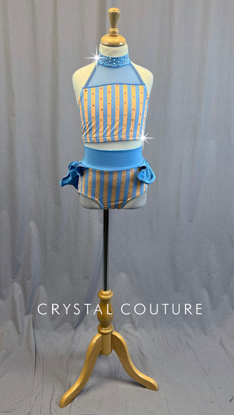 Peach & Blue Striped Two Piece with Ruffle Back Skirt - Rhinestones