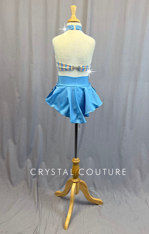 Peach & Blue Striped Two Piece with Ruffle Back Skirt - Rhinestones