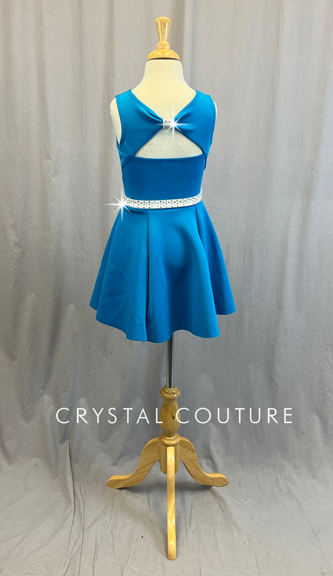 Bright Blue A-Line Dress with White Belt - Rhinestones