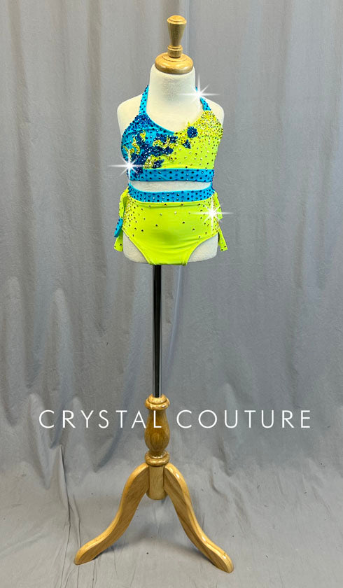 Custom Neon Yellow & Blue Two Piece with Layered Back Skirt - Rhinestones & Appliques