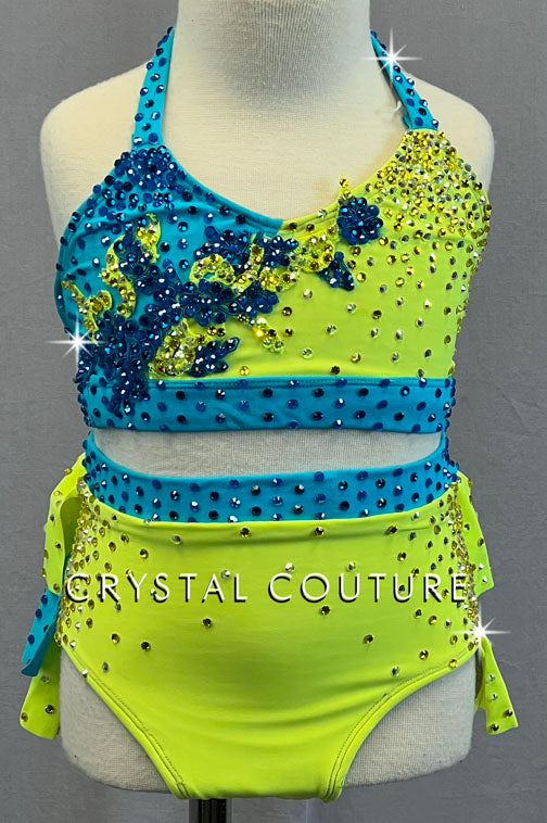 Custom Neon Yellow & Blue Two Piece with Layered Back Skirt - Rhinestones & Appliques