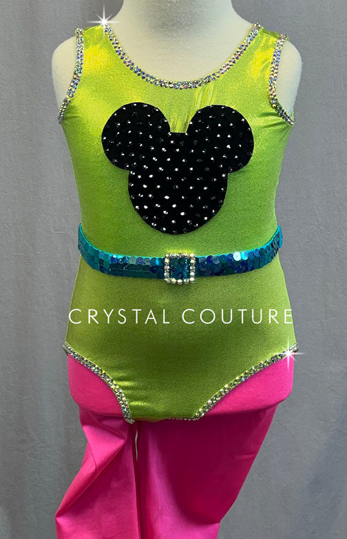 Neon Green and Hot Pink 80s Aerobic Costume - Rhinestones
