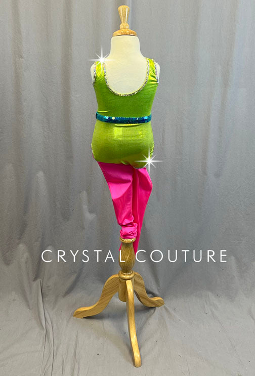 Neon Green and Hot Pink 80s Aerobic Costume - Rhinestones