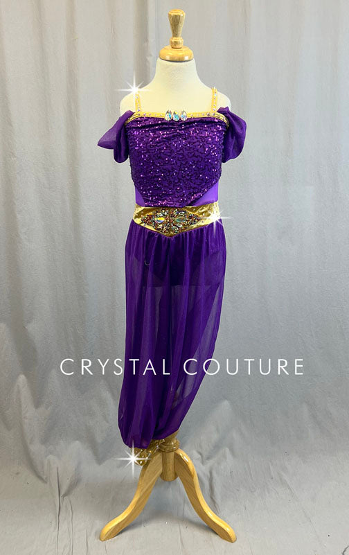 Purple Off Shoulder One Piece with Harem Pants - Rhinestones