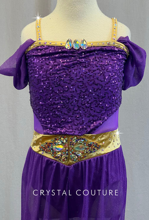 Purple Off Shoulder One Piece with Harem Pants - Rhinestones