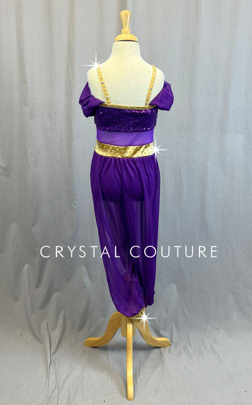 Purple Off Shoulder One Piece with Harem Pants - Rhinestones