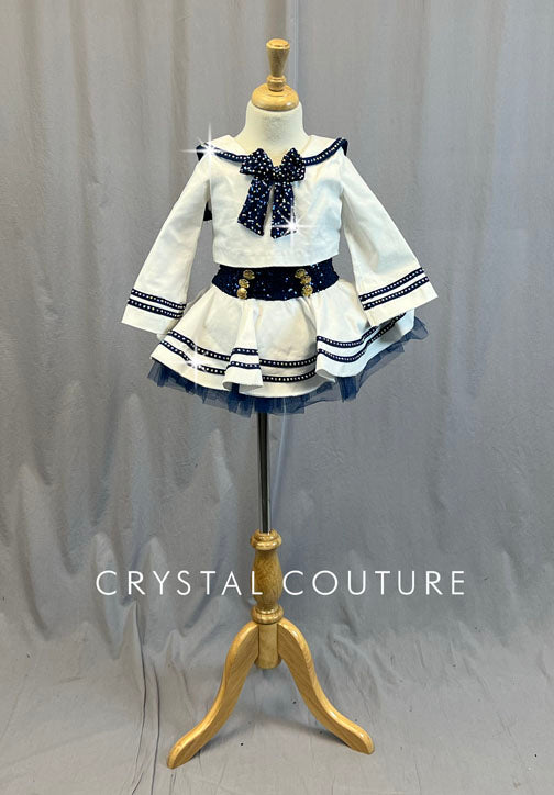 White & Navy Sailor Two Piece with Crinoline Skirt - Rhinestones