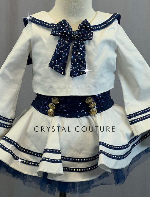 White & Navy Sailor Two Piece with Crinoline Skirt - Rhinestones