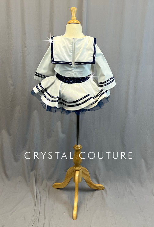 White & Navy Sailor Two Piece with Crinoline Skirt - Rhinestones