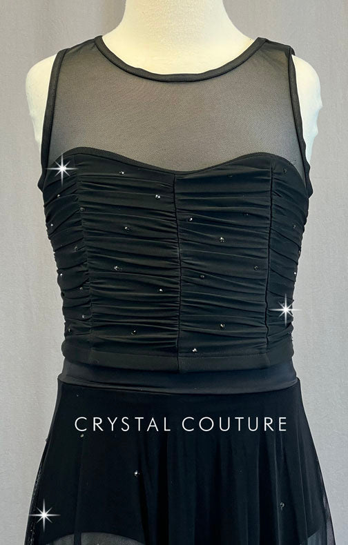 Black High Neck Ruched Two Piece with Long Skirt - Rhinestones