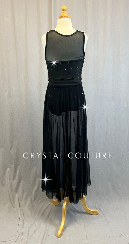 Black High Neck Ruched Two Piece with Long Skirt - Rhinestones