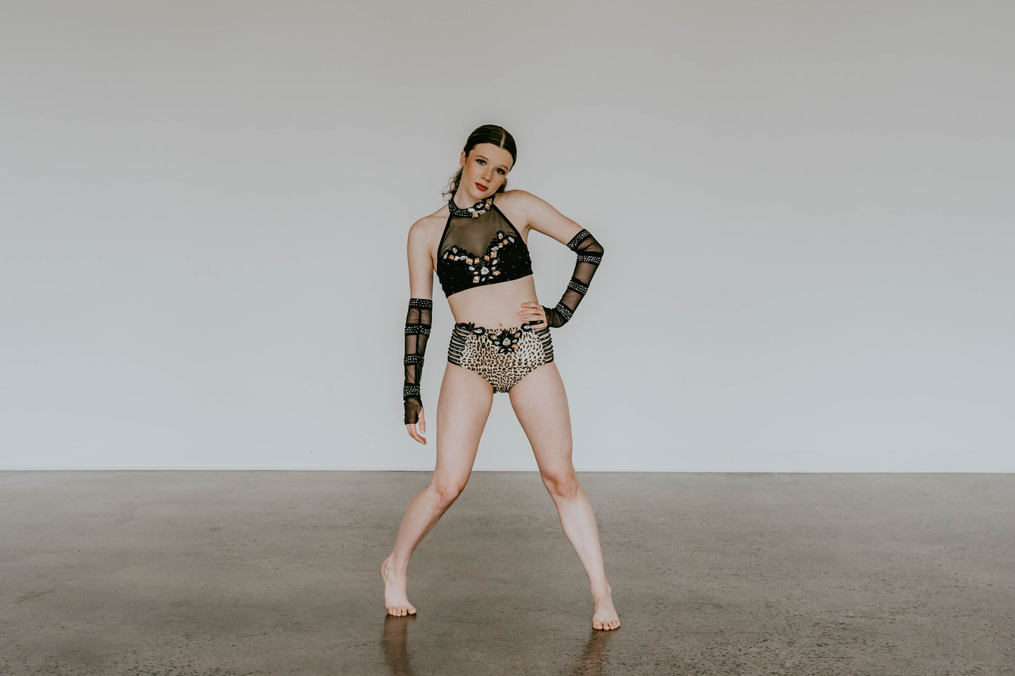 Black Mesh Top with Leopard Print Brief - Swarovski Rhinestones & Appliques