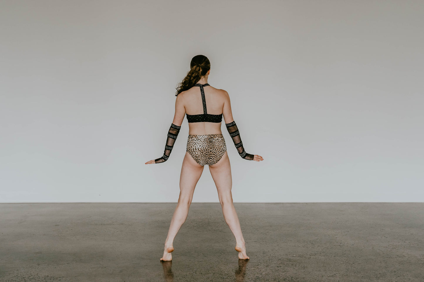 Black Mesh Top with Leopard Print Brief - Swarovski Rhinestones & Appliques