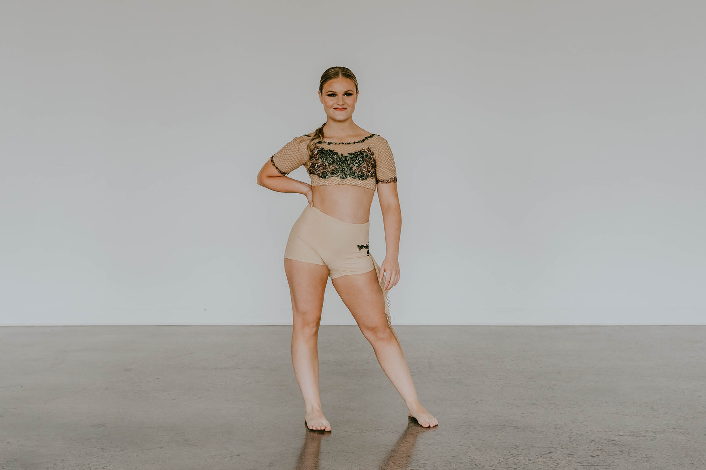 Custom Nude Net Crop Top & Trunks with Brown & Green Beaded Appliques
