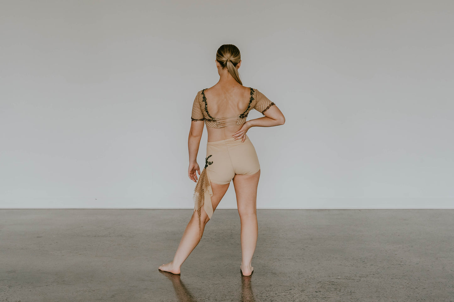 Custom Nude Net Crop Top & Trunks with Brown & Green Beaded Appliques