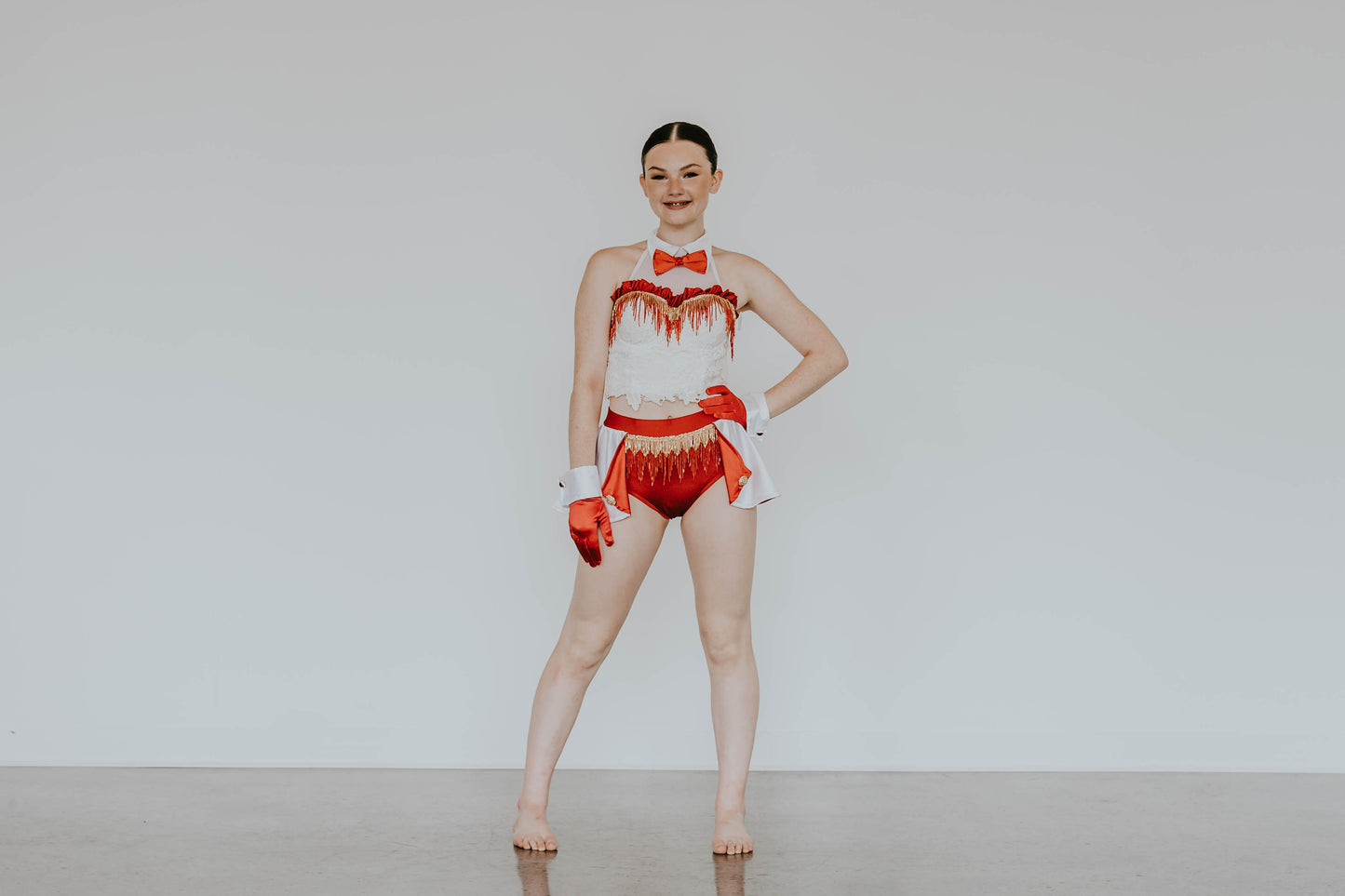 White/Red/Gold 2-Piece Corset Top and Trunks w/Half Skirt - Swarovski Rhinestones