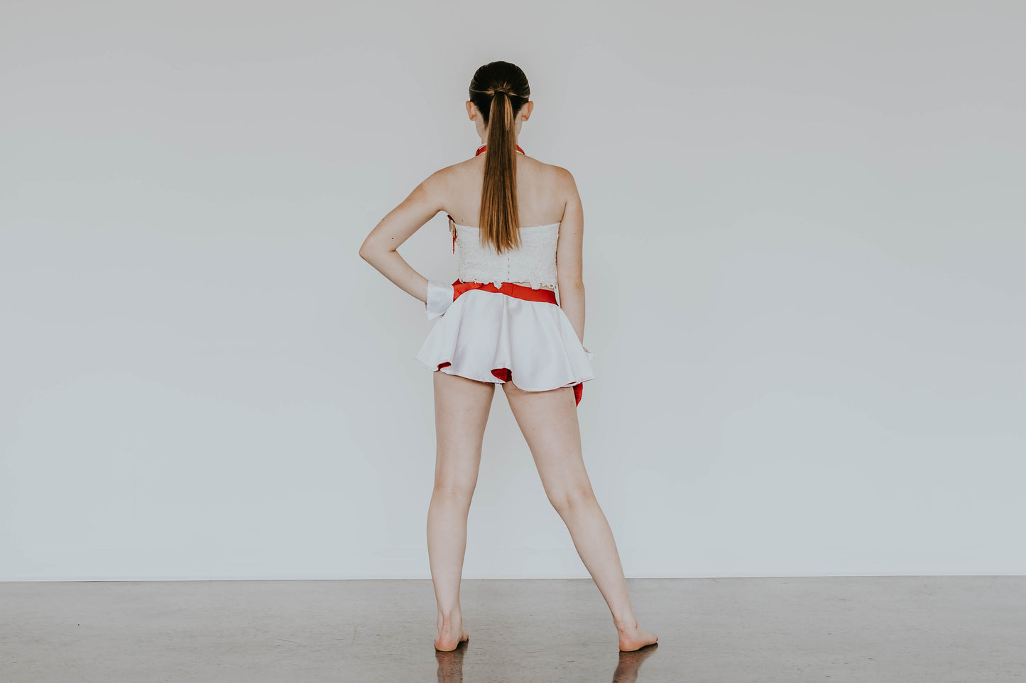 White/Red/Gold 2-Piece Corset Top and Trunks w/Half Skirt - Swarovski Rhinestones