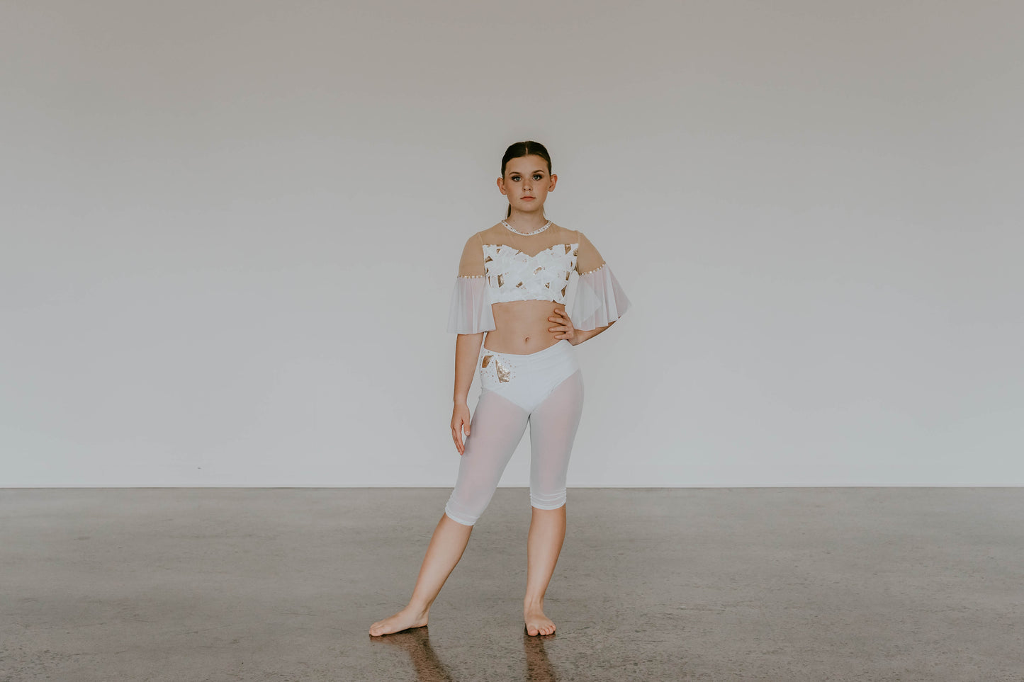 White Top and Trunk/Sheer Crop Pants with White/Gold Sequin Design - Swarovski Rhinestones