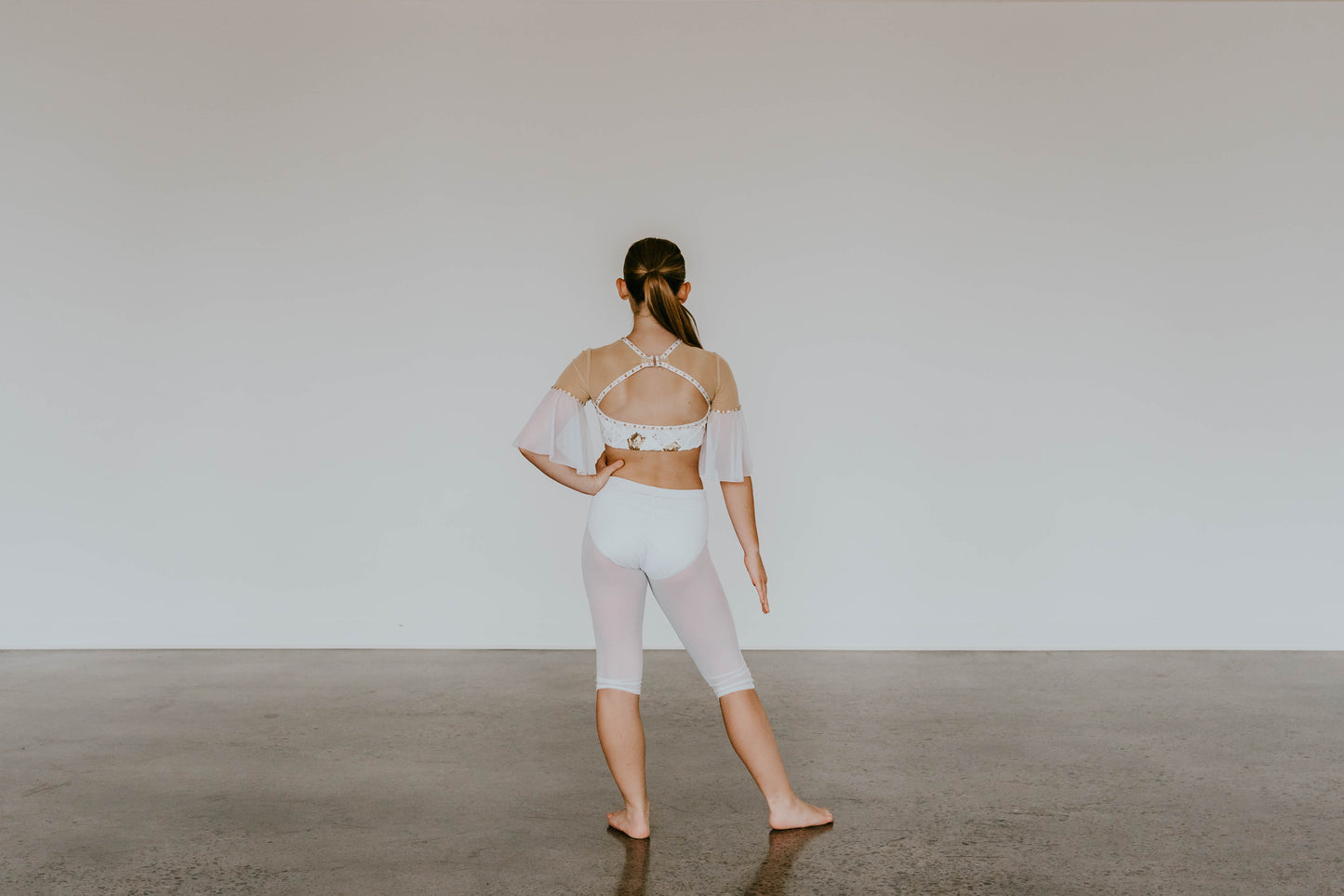 White Top and Trunk/Sheer Crop Pants with White/Gold Sequin Design - Swarovski Rhinestones