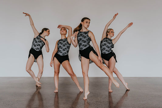 Black Floral Lace Leotard with White Lining/Attached Half-Skirt - Swarovski Rhinestones
