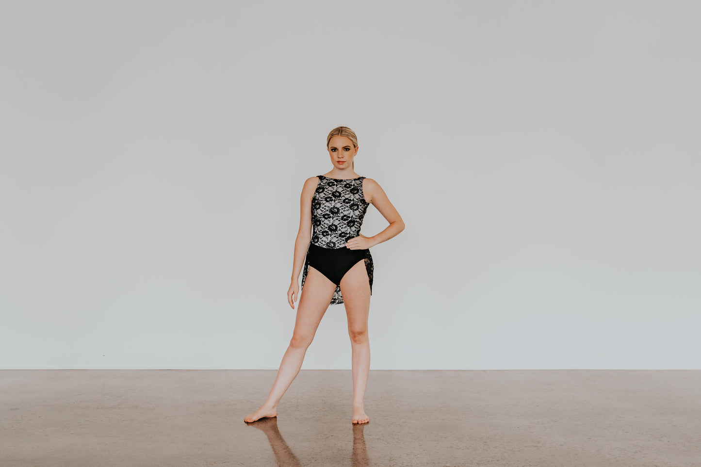 Black Floral Lace Leotard with White Lining/Attached Half-Skirt - Swarovski Rhinestones