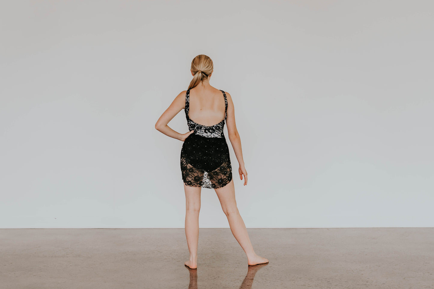 Black Floral Lace Leotard with White Lining/Attached Half-Skirt - Swarovski Rhinestones