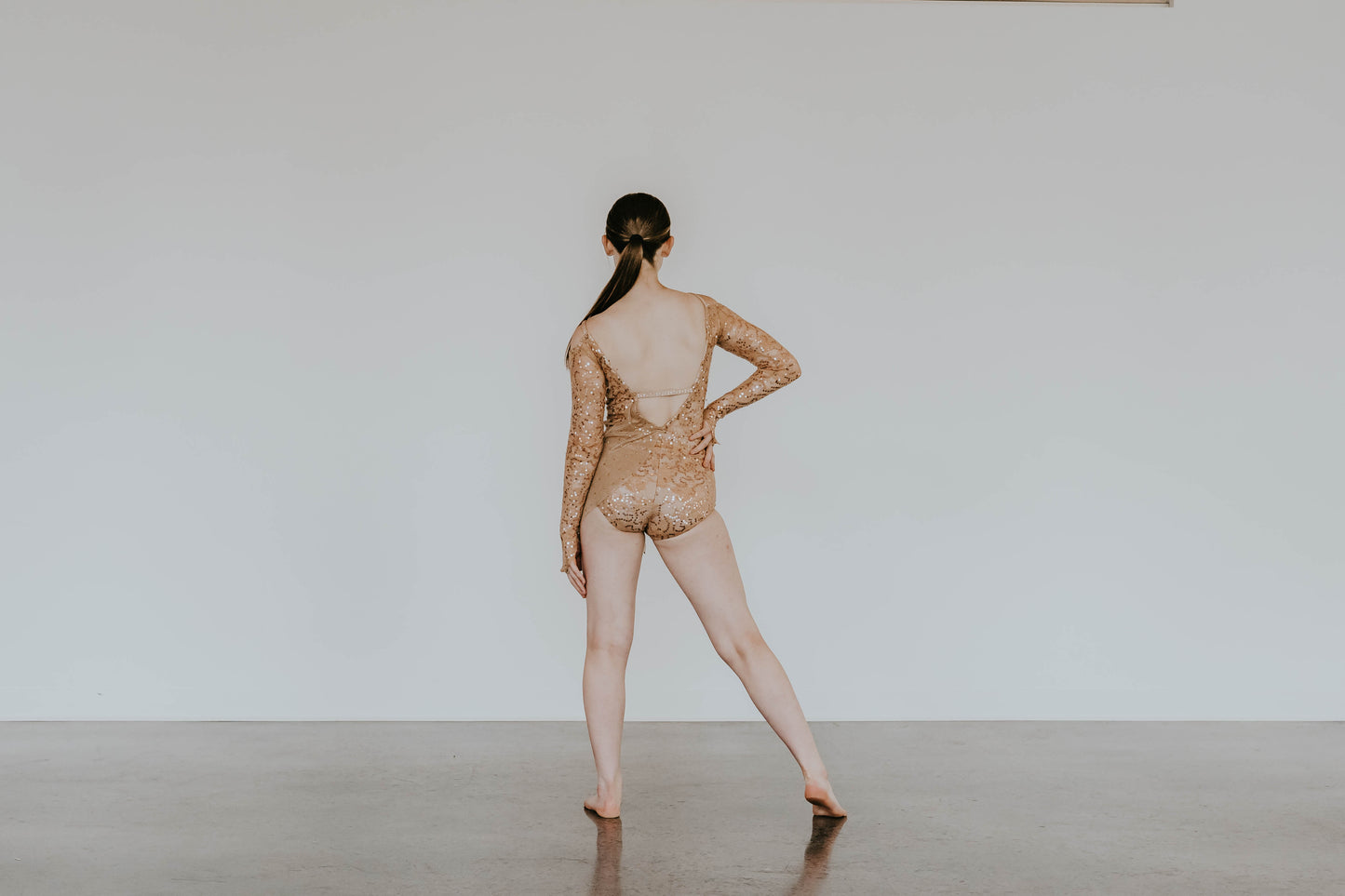 Nude Sequin Floral Lace Biketard with Half Skirt - Swarovski Rhinestones