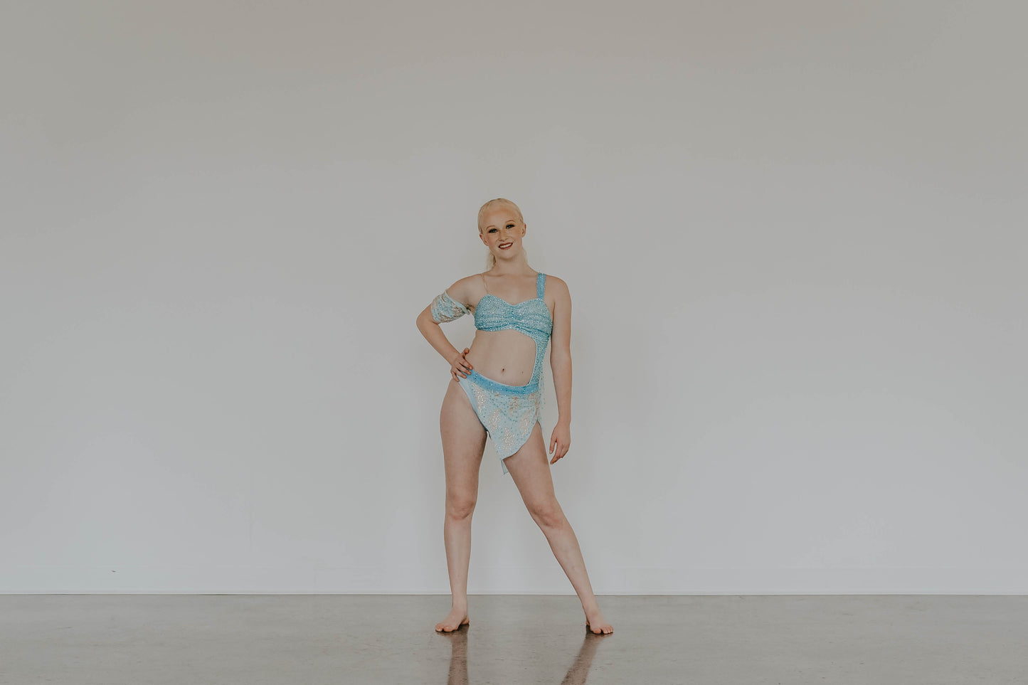 Lt Blue Connected 2 Ppb Bra-Top with Trunk/Asymmetrical Lace Skirt - Asymmetrical Skirt - Swarovski Rhinestones