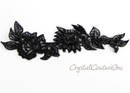 Black Sequin & Beaded Lace Applique