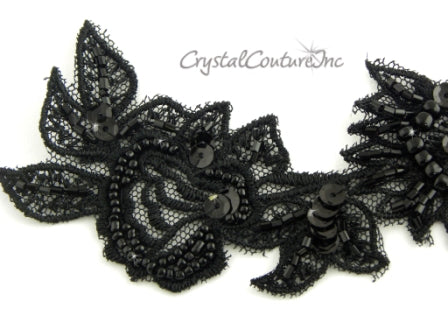 Black Sequin & Beaded Lace Applique