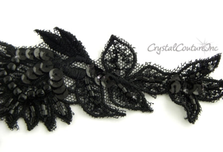 Black Sequin & Beaded Lace Applique