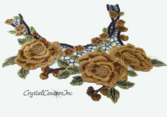 Brown/Lt Brown/Black Floral Lace Embroidered Applique