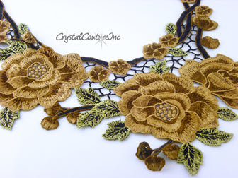 Brown/Lt Brown/Black Floral Lace Embroidered Applique
