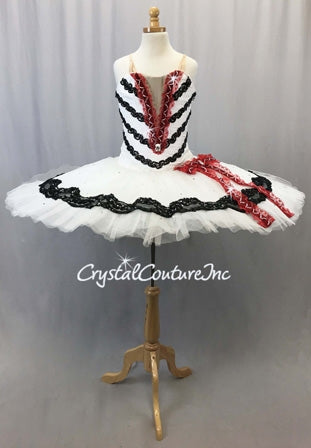 White Platter Tutu with Black & Red Accents - Swarovski Rhinestones