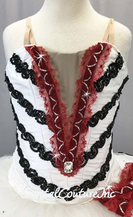 White Platter Tutu with Black & Red Accents - Swarovski Rhinestones