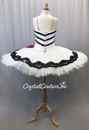 White Platter Tutu with Black & Red Accents - Swarovski Rhinestones